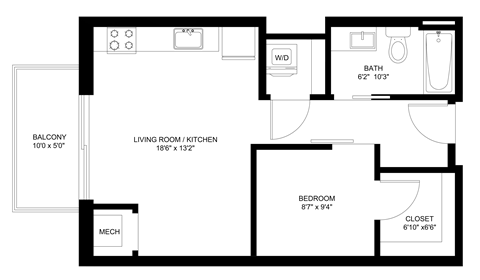Floor plan for 1 bed, 1 bath, 538 sqft